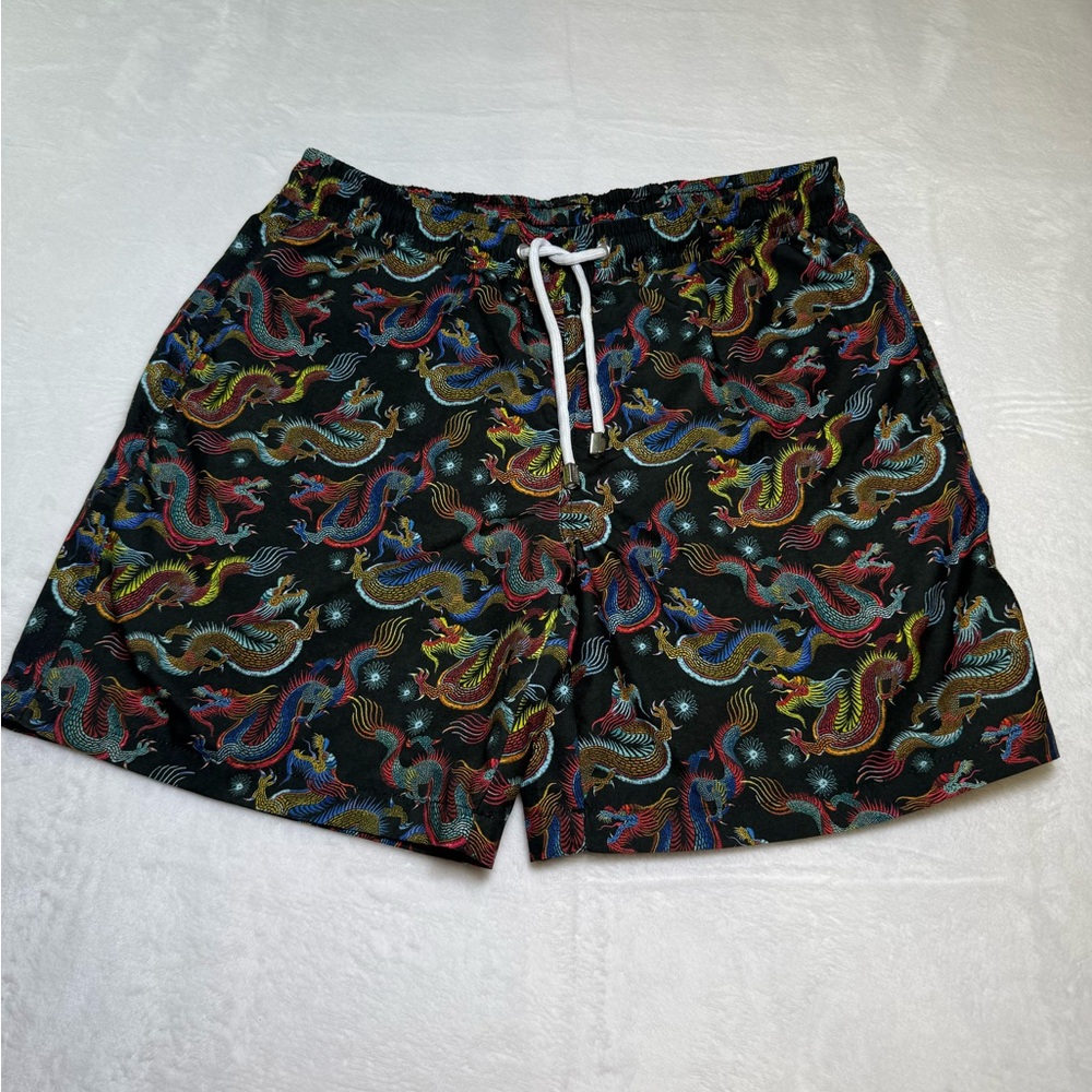 Men's Black Dragon-Print Swim Trunks - Multicolor 6 inch